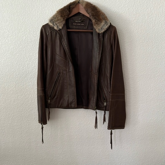 XS Marc New York Genuine Leather Brown Zip up Bomber Jacket removable fur collar - Picture 1 of 13